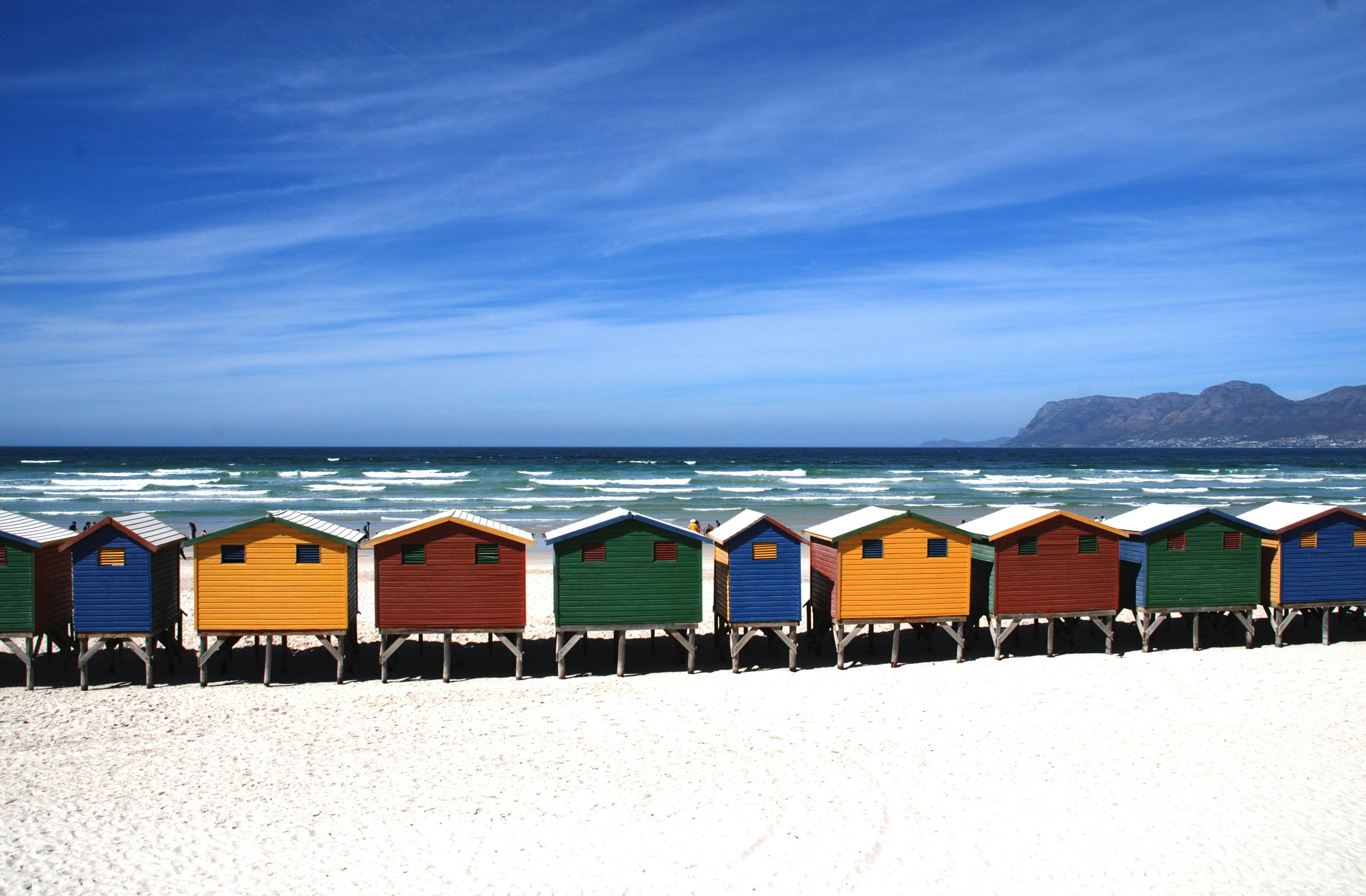 Colorful huts and broad beach at Muizenberg